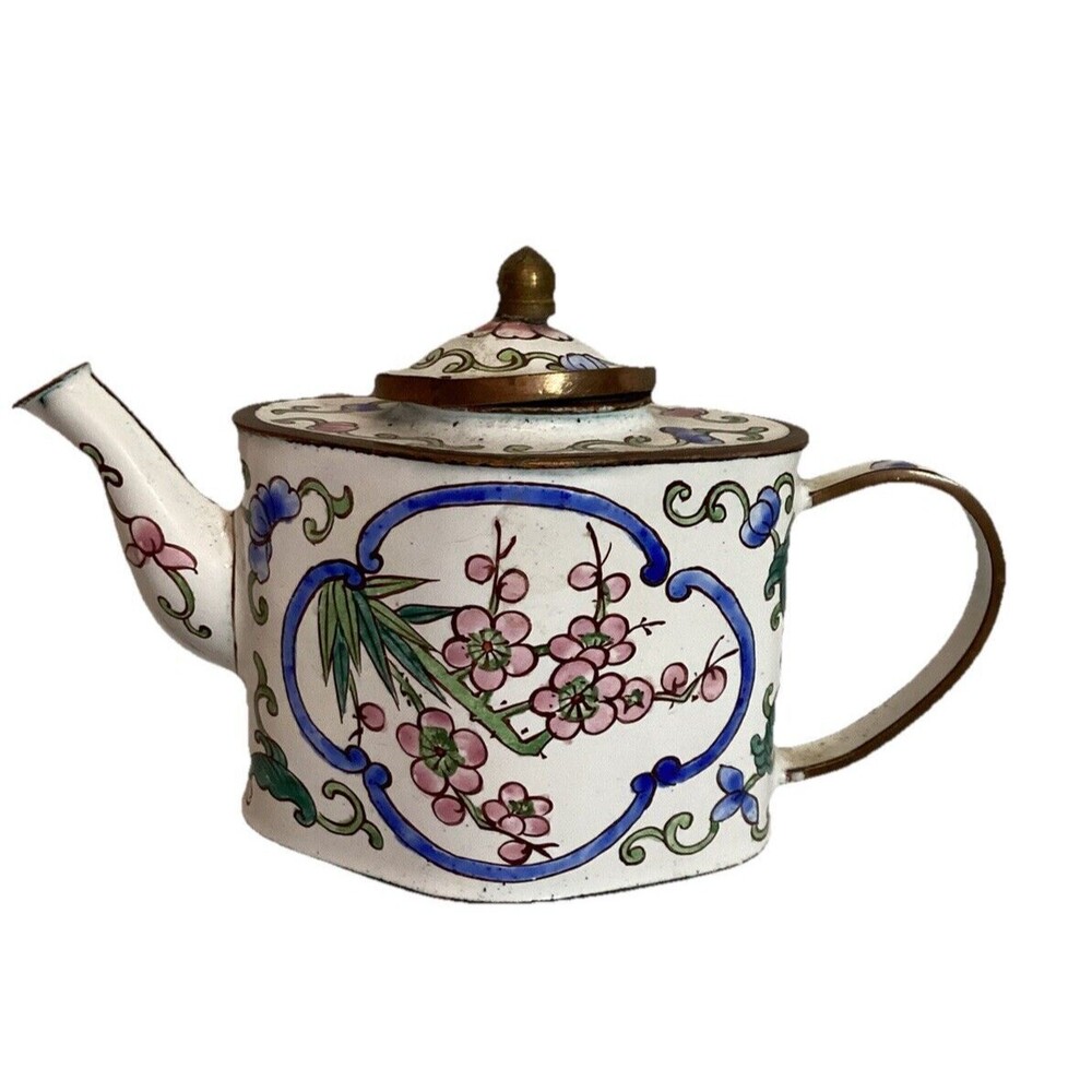 Miniature Floral Enameled & Metal Handpainted Teapot With Lid White, Blue & Pink